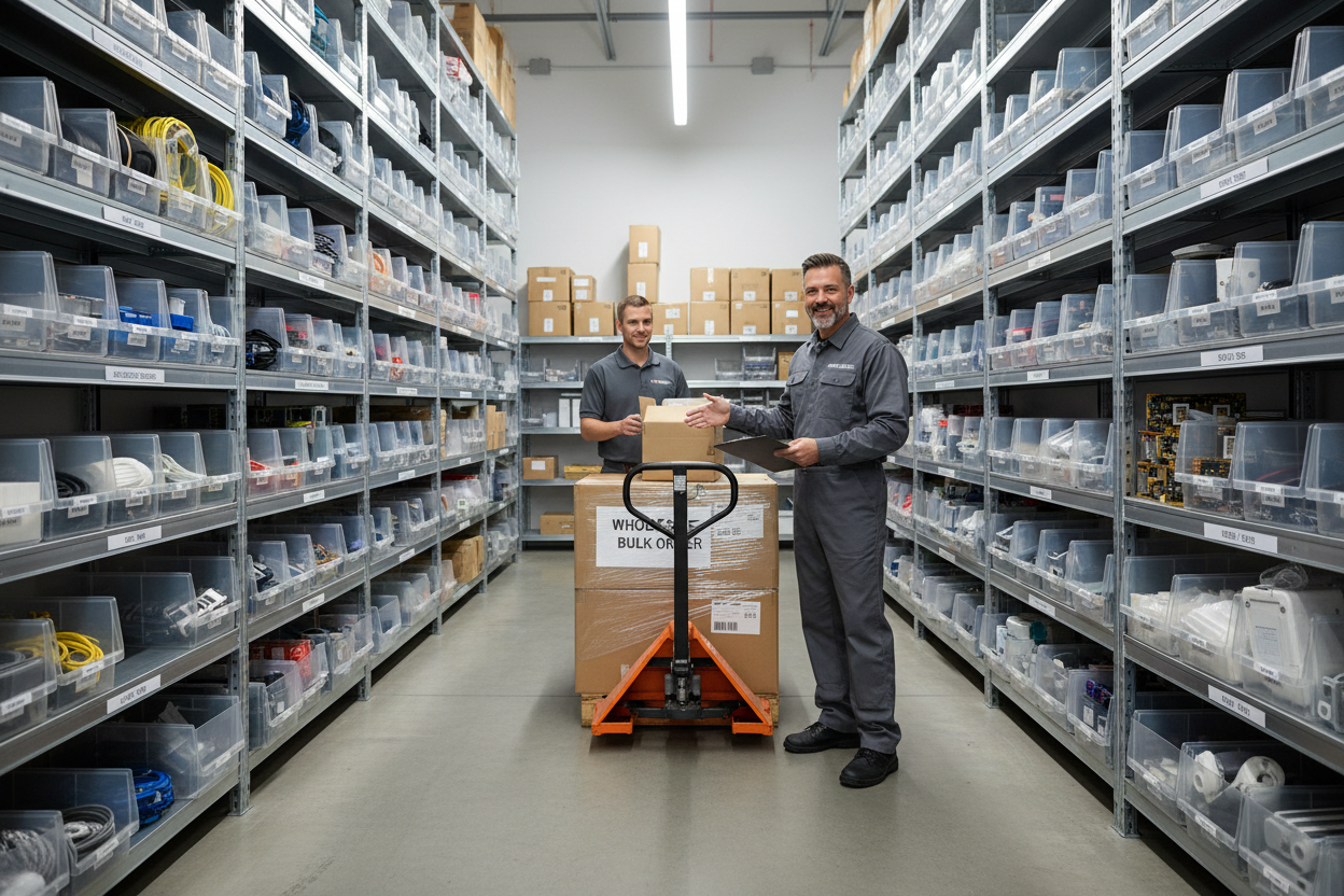 Muestra un señor que se dedique a la reparación de electrodomésticos comprando por mayoreo muchas piezas de refacciones para electrodomésticos y recibiendo sus paquetes. De fondo que se vea su bodega con las refacciones.