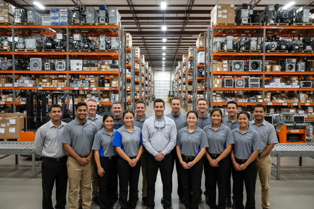 Muchas personas que se vean que se dedican al cambio de refacciones de electrodomésticos felices viendo hacia el frente y detrás de ellas una bodega de refacciones de electrodomésticos.