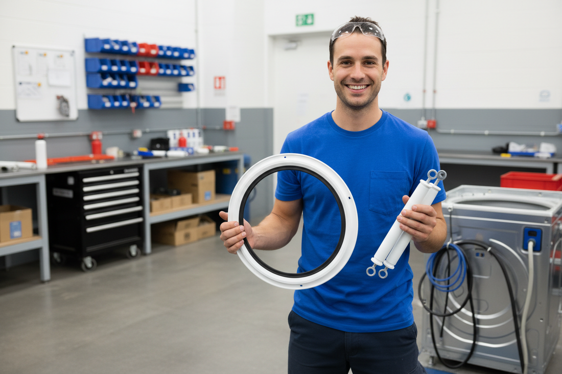 persona feliz con su refacción para lavadora en un ambiente de trabajo