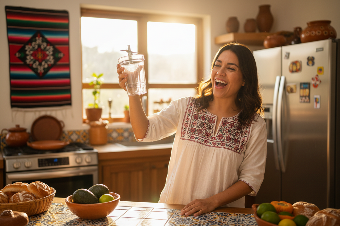 persona feliz con su refacción para licuadoras en un ambiente de hogar